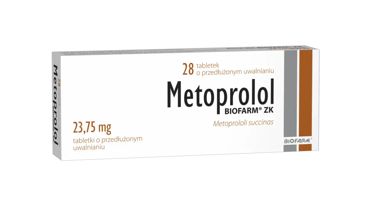 Opakowanie leku Metoprolol ZK 23,75 mg, zawierające 28 tabletek o przedłużonym uwalnianiu od Biofarm.