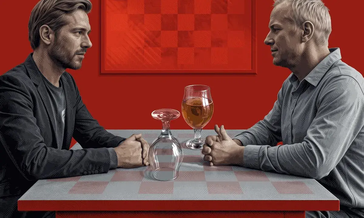 Dwóch mężczyzn siedzi przy stole, jeden z nich zastanawia się, czy przed rezonansem można pić alkohol. Na stole stoi piwo i pusty kieliszek.