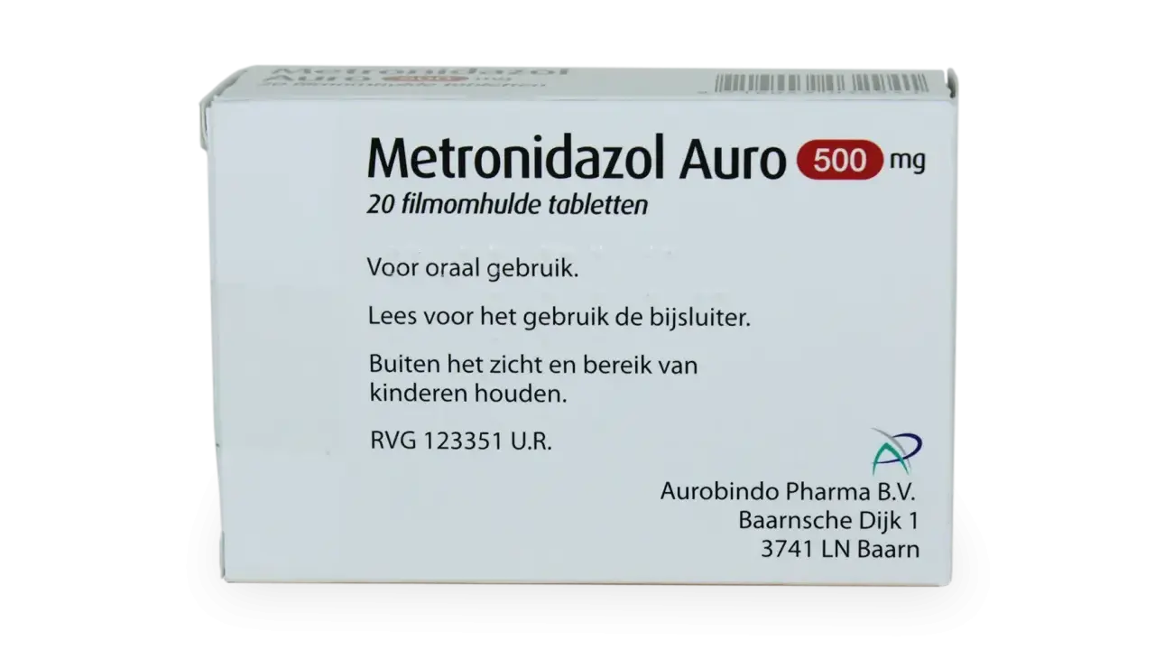 Opakowanie leku Metronidazol Auro 500 mg, zawierające 20 tabletek. Przeznaczony do stosowania doustnego.