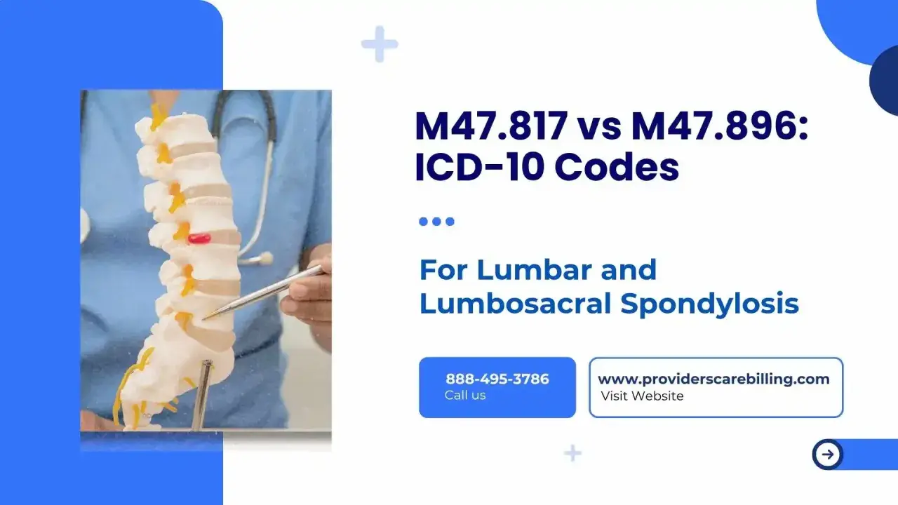Model kręgosłupa z zaznaczonymi zmianami zwyrodnieniowymi. Mowa o kodach ICD-10 M47.817 i M47.896 dla spondylozy lędźwiowej.