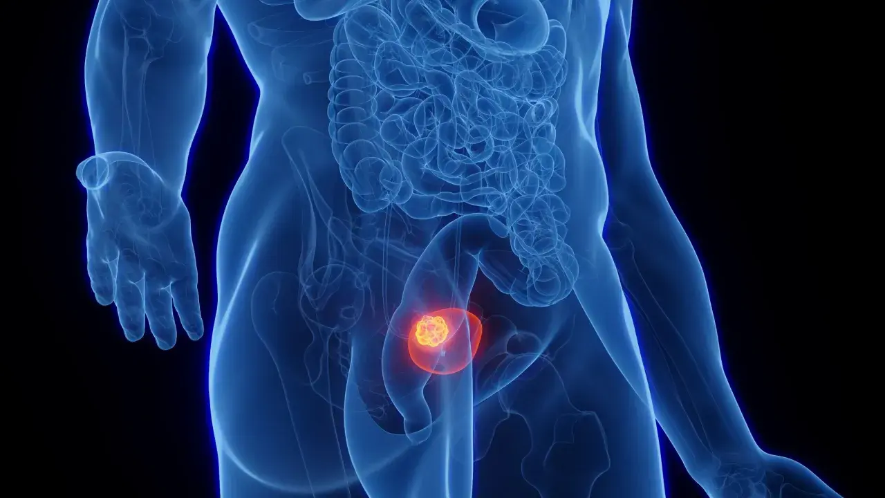 Anatomical rendering showing a glowing tumor within the bladder, indicative of a guz pęcherza moczowego icd 10.