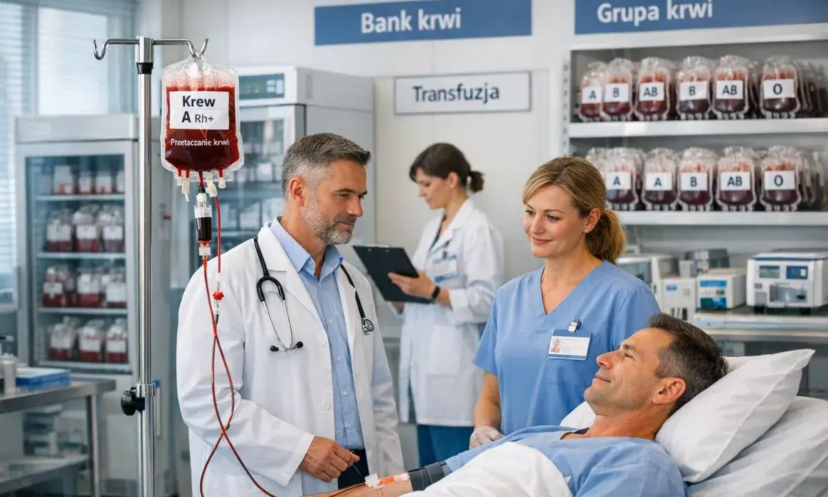 Lekarz i pielęgniarka czuwają nad pacjentem podczas transfuzji krwi. W tle widać bank krwi z różnymi grupami.