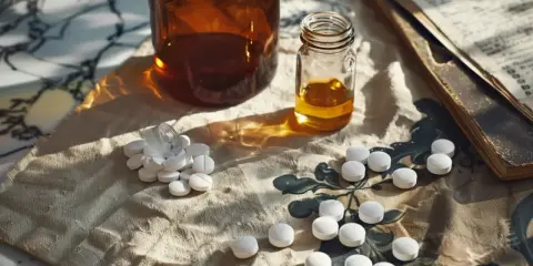 Stare recepty, butelka z płynem i białe tabletki. Czy to thiocodin a alkohol?
