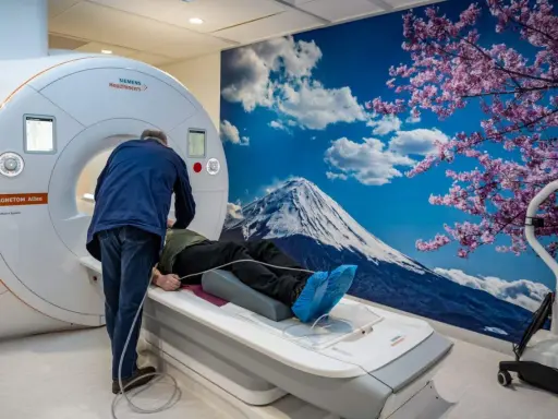 Pacjent leży na łóżku rezonansu magnetycznego, przygotowywany do badania. Za nim ściana z widokiem na górę Fudżi i kwitnącą wiśnię, tworząc silne wzmocnienie kontrastowe.