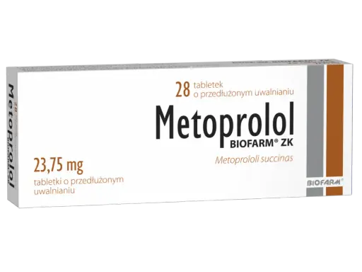 Opakowanie leku Metoprolol ZK 23,75 mg, zawierające 28 tabletek o przedłużonym uwalnianiu od Biofarm.