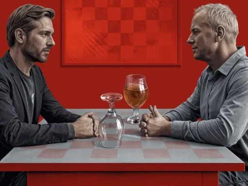 Dwóch mężczyzn siedzi przy stole, jeden z nich zastanawia się, czy przed rezonansem można pić alkohol. Na stole stoi piwo i pusty kieliszek.