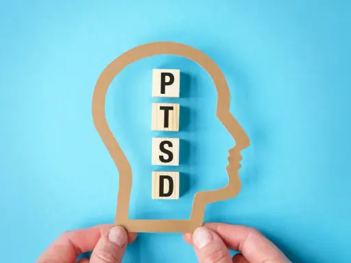 Klocki z literami P, T, S, D układają się w napis PTSD wewnątrz sylwetki głowy. Symbolizuje to wpływ zespołu stresu pourazowego, znanego w ICD-10.