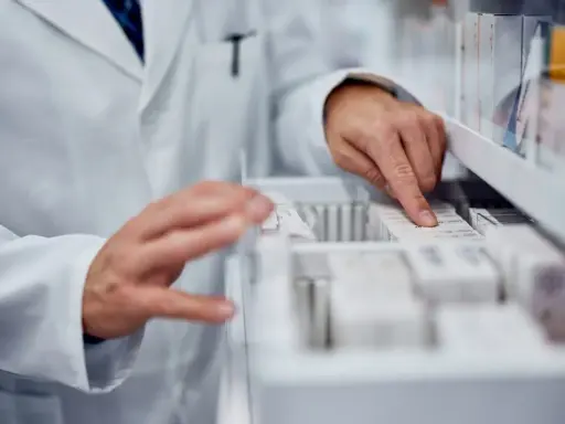 Farmaceuta szuka zamiennika leku Zarixa, przeglądając opakowania leków w aptece.