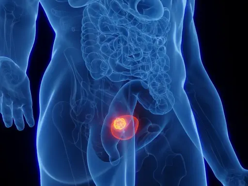 Anatomical rendering showing a glowing tumor within the bladder, indicative of a guz pęcherza moczowego icd 10.