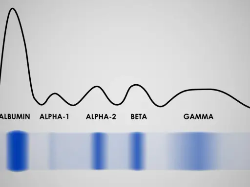 Wykres elektroforezy białek surowicy, pokazujący normę. Widoczne pasma albumin, alfa-1, alfa-2, beta i gamma.