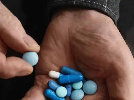 Dłoń trzyma garść niebieskich i białych tabletek. Czy Citaxin to psychotrop?