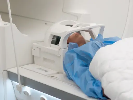 Pacjent leży w aparacie do rezonansu magnetycznego. Badanie, takie jak rezonans magnetyczny barku, trwa zazwyczaj od 30 do 60 minut.