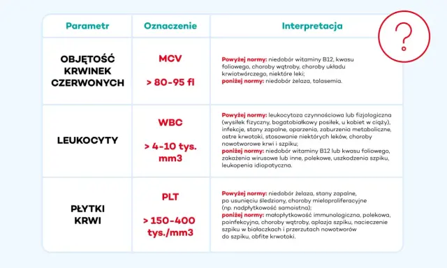 Tabela interpretacji parametrów krwi: MCV (objętość krwinek czerwonych) poniżej normy może wskazywać na niedobór żelaza, kluczowego dla hemoglobiny.