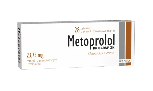Opakowanie leku Metoprolol ZK 23,75 mg, zawierające 28 tabletek o przedłużonym uwalnianiu od Biofarm.