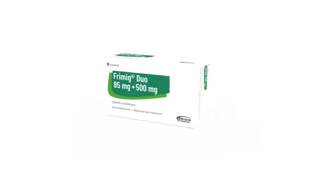 Opakowanie leku Frimig Duo 85 mg + 500 mg, zawierające 9 tabletek powlekanych.