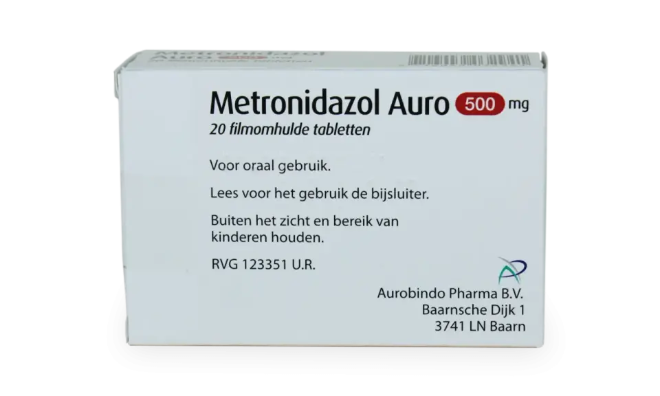 Opakowanie leku Metronidazol Auro 500 mg, zawierające 20 tabletek. Przeznaczony do stosowania doustnego.