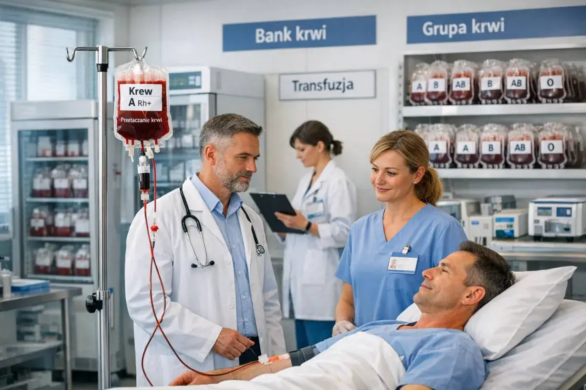 Lekarz i pielęgniarka czuwają nad pacjentem podczas transfuzji krwi. W tle widać bank krwi z różnymi grupami.