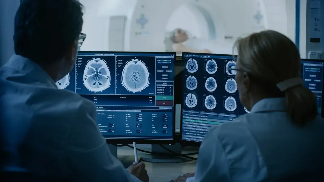 Lekarze analizują obrazy mózgu z rezonansu magnetycznego, badając co oznacza podwyższony sygnał w rezonansie magnetycznym.