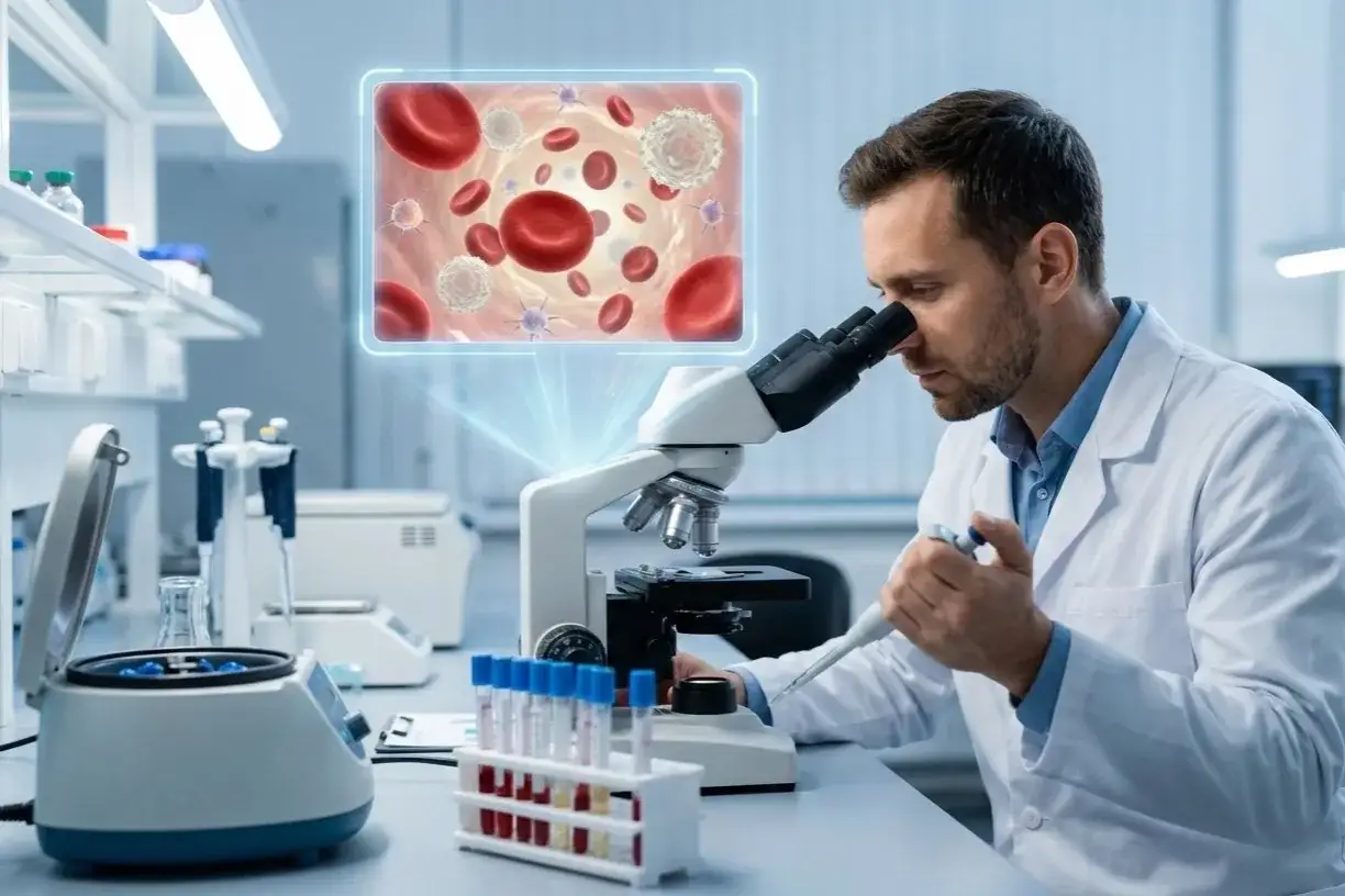 Badacz analizuje pr&oacute;bki krwi pod mikroskopem, wspierany przez hologram kom&oacute;rek. To praca, kt&oacute;rą wykonują najlepsi hematolodzy w Polsce.