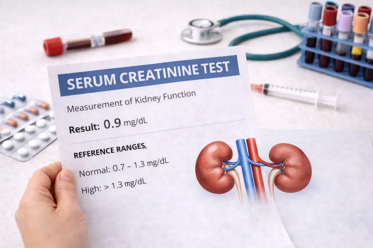 Wynik badania kreatyniny 0.9 mg/dL. Jak przygotować się do badania kreatyniny? Stetoskop, prob&oacute;wki i tabletki sugerują kontekst medyczny.
