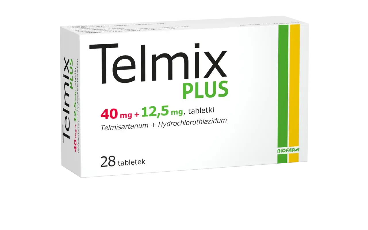 Opakowanie leku Telmix Plus 40 mg + 12,5 mg, zawierające 28 tabletek. Szukasz zamienników?