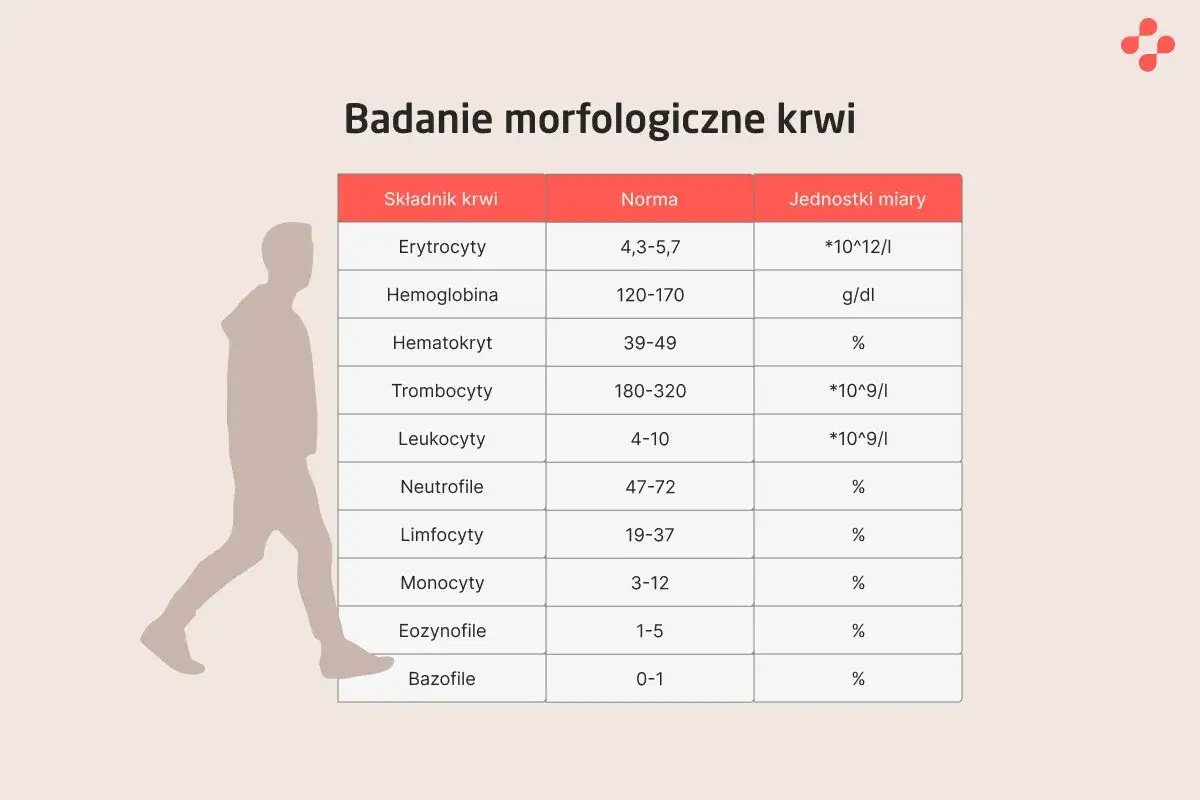 Tabela badań morfologicznych krwi. Wskazuje normy dla leukocytów, które mogą być podwyższone.